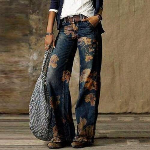 Jean femme Women Retro High Waist Wide Leg Floral Print Long Loose Jeans Pants Trousers jeans woman Floral Print Wide Leg Jeans