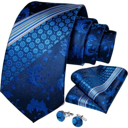New Fashion 8cm Ties For Men 100% Silk Blue Floral Striped Necktie Formal Business Wedding Men Tie Hanky Cufflinks Set DiBanGu