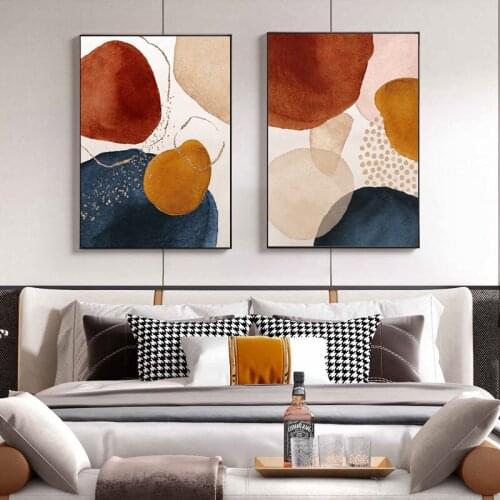 Nordic Canvas Painting Art Picture Living Room Home Decoration Abstract Geometric Lines Orange Watercolor Bohemian Wall Poster