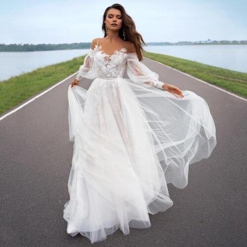 Illusion Scoop Bubble Long Sleeve A Line Wedding Dresses Sweep Train Bridal Dress Custom Made Princess Boho Wedding Gowns 2021