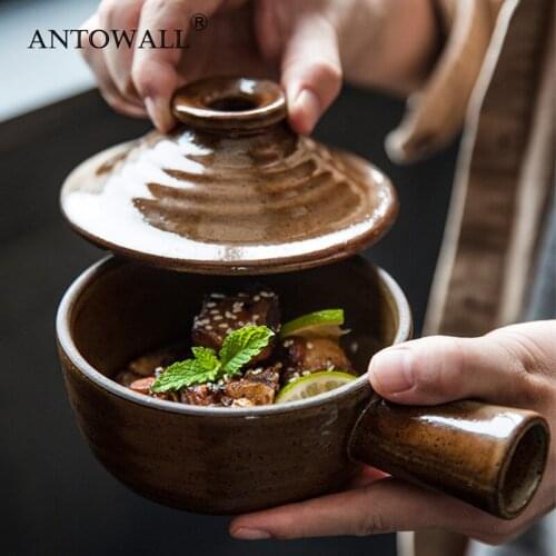 ANTOWALL Creative Coarse Clay Casserole Saucepan Household Microwave Oven Small Pot Soup Rice Bowl with Handle and Lid