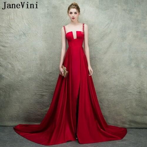 JaneVini Red Mother of The Bride Dresses 2018 Satin Sleeveless Sweep Train Beads Wedding Party Formal Dress A Line Evening Gowns