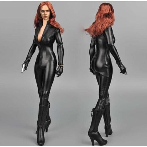 1/6 Scale Black Leather Tights Conjoined Suit One-piece Garment for 12in Action Figure Female Soldier Toy