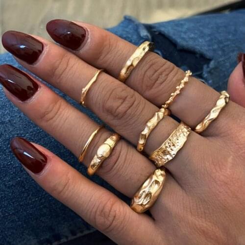 2021 New Golden Personality Punk Metal Irregular 12 Pcs/set Rings Set for Women Jewelry Party Gifts