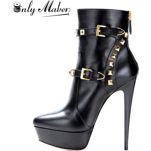 Onlymaker Platform Double Rivet Buckle Ankle Boots 16CM Thin High Heel Zip Booties Punk Motorcycle Boot Plus Size US5~US15