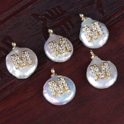 Initial 26 alphabet letter ABC name charm pave white CZ crystal freshwater pearl gold pendant for DIY wedding gift