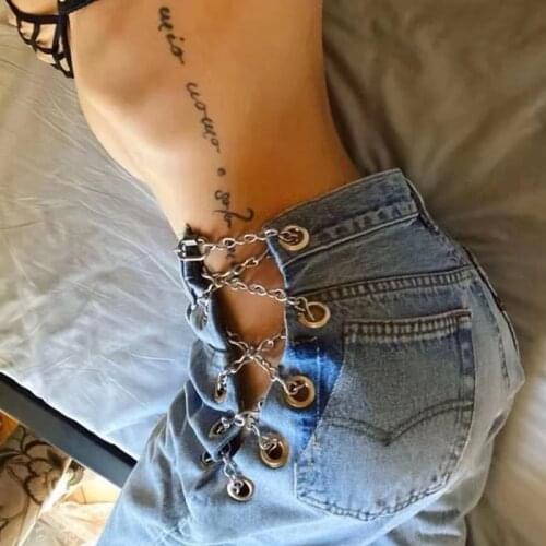 Sexy Woman Jeans Hollow Out Wide-leg Jeans Women Buttons Side Cross Chain High Waist Denim Pants Sexy 2021 Spring New Korea Pant