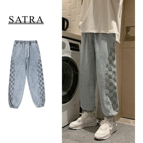 SATRA 2021 New Arrival Spring High Quality Chic Plaid Jeans Men ,Mens Fashion Loose Casual Haren Pants,Ankle Banded Pants