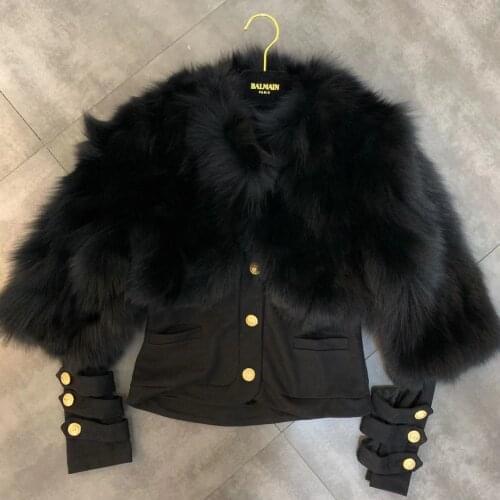 Net red with 2019 winter new round neck long sleeve fox fur with buttons cardigan two-piece women jacket
