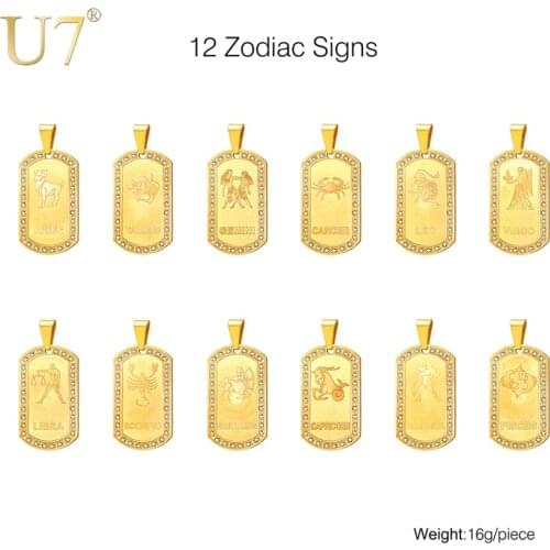 U7 Zodiac Signs Necklace For Men/Women Best Friend Dog Tags Birthday Gift Gold Color Stainless Steel Cancer Constellations P693