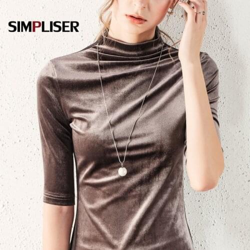 Vintage Velour Tees Women Basic Bottoming Shirts Black Caffee Ladies Turtleneck Half Sleeve Vogue T Shirts Plus Size Casual Tops