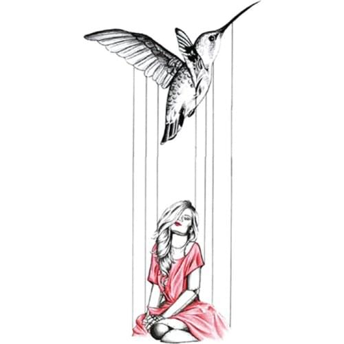 Waterproof Temporary Tattoo Sticker Black Swallow Lines Red Dress Girl Design Fake Tattoos Flash Tatoos Arm Body Art for Women