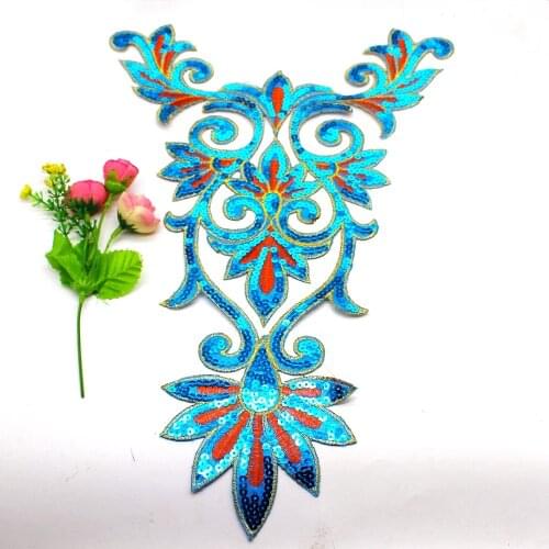 1 Piece Sequined Embroidered Appliques Blue Iron On Patches For Cosplay Costumes Trims Diy Dress Lace King Of Flower 25*40cm