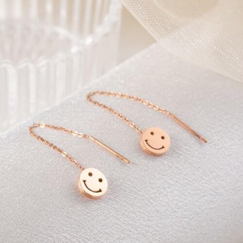 Hip hop Style Hollow Smiling Face Long Chain Earrings For Women No Fading Stainless Steel Ear Line Jewelry Female Accessories