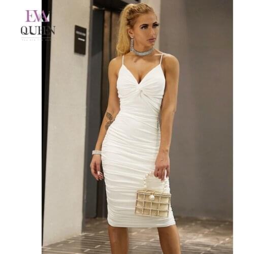 EvaQueen Solid Ruched White Midi Dress For Women Backless Soft Casual Bodycon Dresses Spaghetti Strap V Neck Sexy Party Vestidos