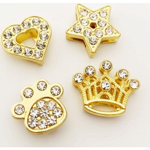 10PCS 10mm Alloy Gold Rhinestone Heart Crown Star Slide Charms Slide Beads DIY 10mm Bracelets Wristbands Pet Collar Belt Strap