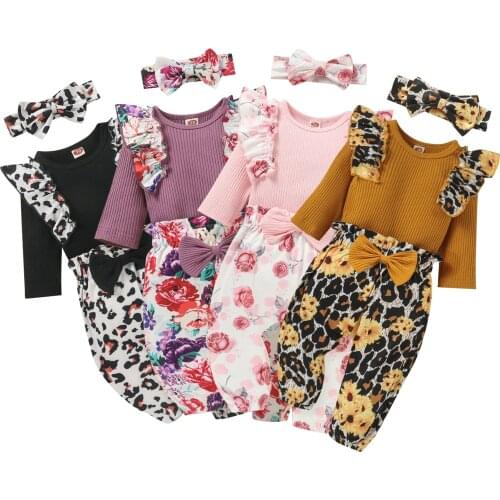 Infant Newborn Baby Girls 3Pcs Fall Outfits, Long Sleeve Ruffle Romper + Bow Pants + Headband Set Spring Autumn