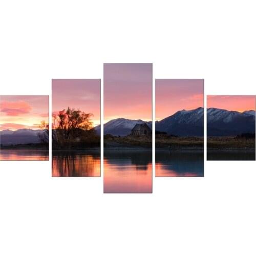 5 Pieces Free Shipping Canvas Painting Sunset Lake Tree Landscape Poster Printing Wall Art decor Picture print Framed