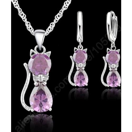 Fine Accessories Jewelry Sets Purple Real Pure 925 Sterling Silver Cute Cat Shaped Animal Set Necklace and Earrings New Hot