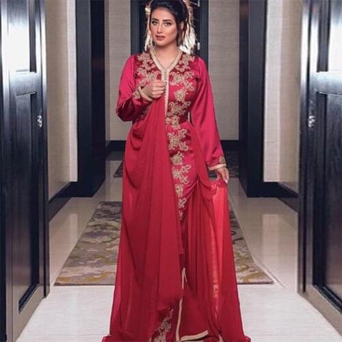 Custom Made Red Mermaid Moroccan Kaftan Dubai Evening Dress Stunning Applique Long Sleeves Muslim Saudi Arabia Formal Prom Gown