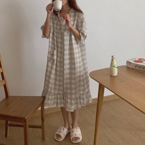 Summer Single Breasted Gray Plaid Sleepwear Women Nightgown Short Sleeve Sleepdress Casual Cotton Nightdress Home Clothes