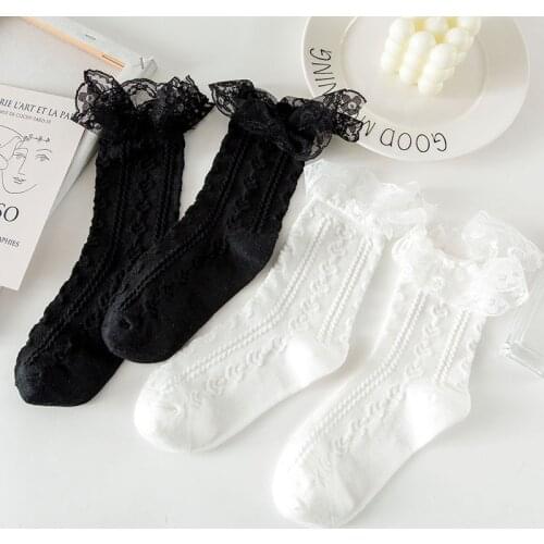 Fashion Socks Women Ruffle Black White Lace Socks Lolita Cotton Japanese Breathable Mary Jane Crew Sock For Girls