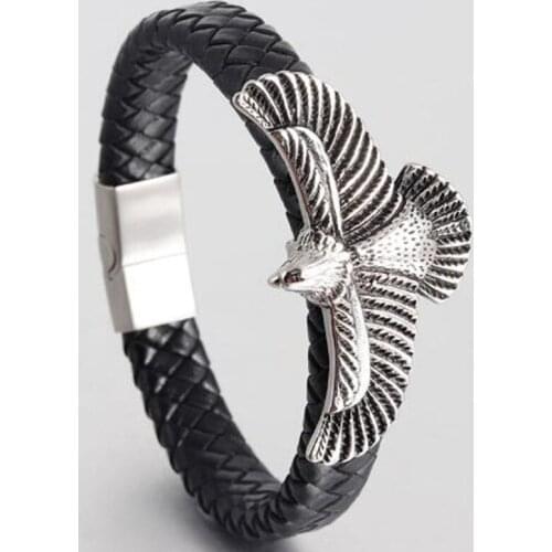Men Fashion Exaggerated Eagle Bracelet Black Leather Bracelet Magnetic Clasp Surround Bracelet Jewelry