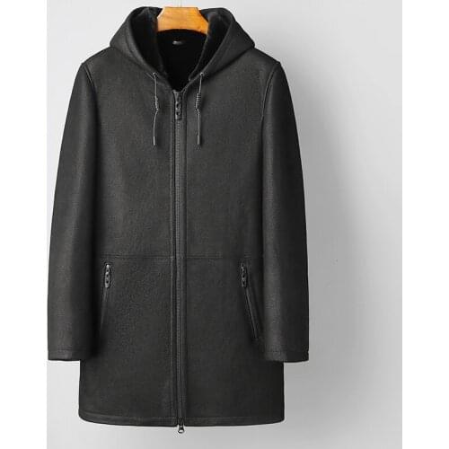 Real Fur Coat Mens Long Type Sheepskin Hooded Genuine Leather Clothes Thick Lamb Shearling Wool