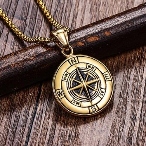 Stainless Steel Classic Antique Compass Necklace Men Star/Letter Necklace 2 Colors Round Jewelry Fashion Necklaces 2020