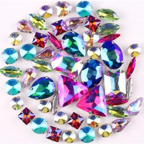 Silver claw setting 50pcs/bag 11 shapes mix AB colors glass crystal sewing rhinestone wedding dress shoes bags diy trim