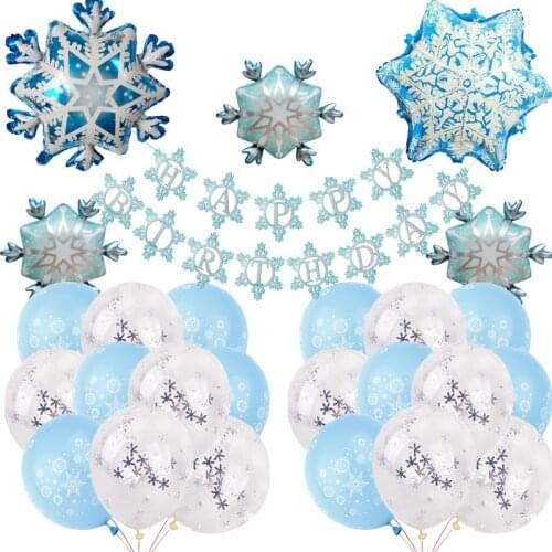 1set Snowflake Confetti Clear Blue Latex Balloons The Snow Happy Birthday Banner Balloon Kids Girl Toys Princess Party Supplies