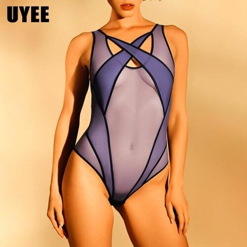 UYEE Sexy Purple Full Bodysuit Women Sensual Lingerie Delicate Harness Chest Strap Slim Nightwear For Stripper Exotic Accessory