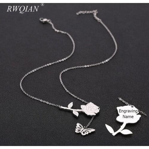 Rose Butterfly Pendant Necklace Custom Stainless Steel Name Necklaces for Women Men Chain Choker Personalized Wedding Jewelr