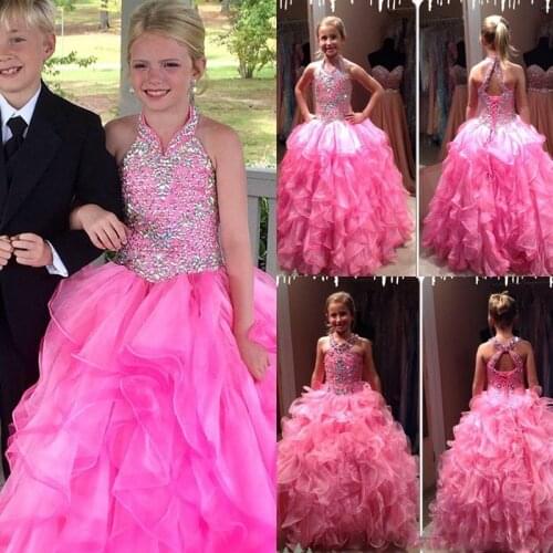 Plus Size Girl Pageant Dress Hot Pink Lovely Tiers Organza Skirt Backless Ruched Long Kids Formal Gowns Party Celebrity Dress Fo