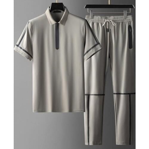 2021 Summer Silky Mens Sets (t-shirt+pants) Luxury Short Sleeve Thin Casual Male Sets Fashion Slim Fit Elastic Waist Man Suits