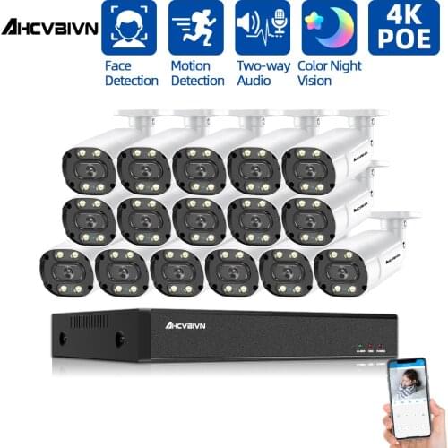AHCVBICN H.265 16ch POE NVR Kit CCTV Camera Security System Outdoor Waterproof 5MP Color Night Vision Video Surveillance