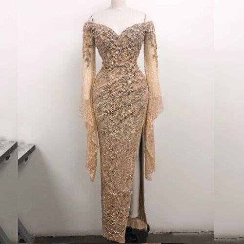 Luxury Champagne Evening Dresses Off The Shoulder Crystals Side Long Sleeves Mermaid Prom Dress Lace African Vestido Party Gowns