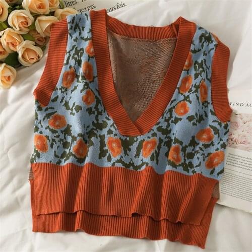 Retro Vintage Vest Women Knitted Sweater Vest Sleeveless Floral Side Split Waistcoat Autumn Short Outwear Chalecos Para Mujer