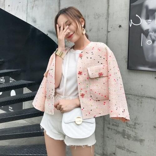 2019 autumn women o-neck loose plus size tweed jackets diamonds buttons sweet pink pockets colorful dots weaved coats y406