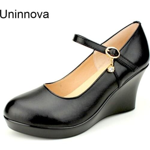 Women Wedges Genuine Leather Platform Mary Jane Round Toe Business Shallow upper Pumps Court Shoes Black Super High Heels WP147