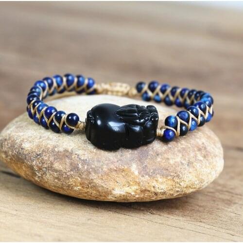 Brave Troops Bracelet for Women Men Natural Blue Tiger Eye Obsidian Pixiu Bracelet Double Layer Braid Yoga Charm Wrap Bracelet