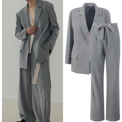 2021 Autumn 2 Pieces Sets Women Blazers Wide Leg Pants Fashion Coats Casual Streetwear Elegant Office Lady Ourfits Korean Style