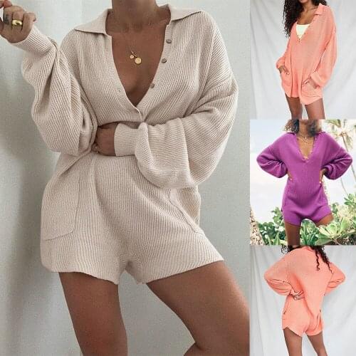2021 Autumn Winter Knitted Solid Loose Playsuits Sexy Button Deep V Neck Long Sleeve Rompers Female Home Wear Pajama Jumpsuits
