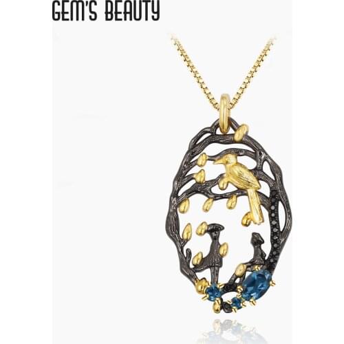 GEMS BEAUTY 925 Sterling Silver For Women Necklace Bird Vine Fruit Couple Natural Oval Cut London Blue Topaz Handmade Necklace