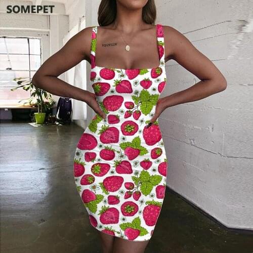 SOMEPET Strawberry Dresses Women Food Vestido Sexy Painting Halter Sleeveless Novel Bodycon Dress Womens Clothing Summer Vintage