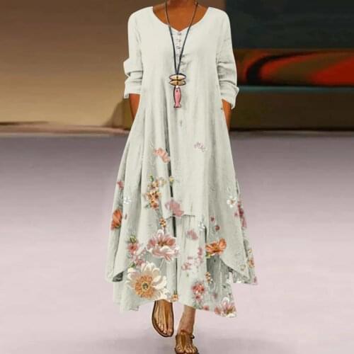 Summer Dress Women Casual Floral Print Dress O-neck Long Sleeve Irregular Loose Long Dress Summer Clothes For Women Vestidos