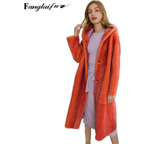 Fang Tai Fur 2019 Import Wool Fur Coat With Hood Wool Coats Full Sleeve Pure Light Color Slim Womens X-long Real Wool Fur Coats