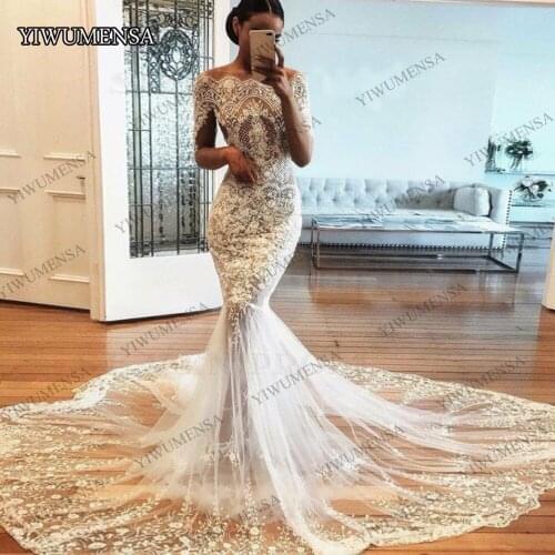 2021 Luxury Sexy See Through Tulle Back Mermaid Wedding Dress Boho Long Sleeves Lace Appliques Beaded Bridal Gown Custom Made