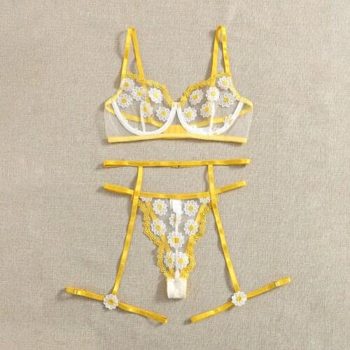 3Pcs Sexy Lingerie Garters Women Underwear Flower Embroidery Transparent Brief Sets Porno Lenceria Sensual Woman Erotic Lingerie