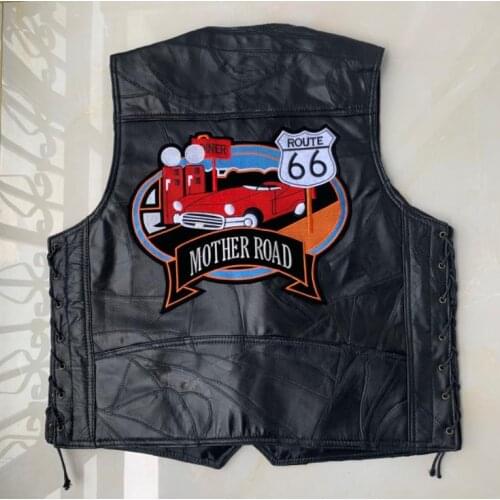 Biker Mens Lace-Up Genuine Leather Motorcycle TOUTE 66 MOTHER ROAD Patch Vest High Quality Sheepskin US S-4XL